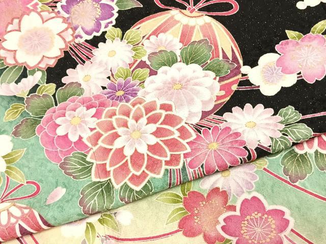 平和屋着物●豪華振袖 草花文 暈し染め 黒地 金通し地 正絹 逸品 AABJ4524fy