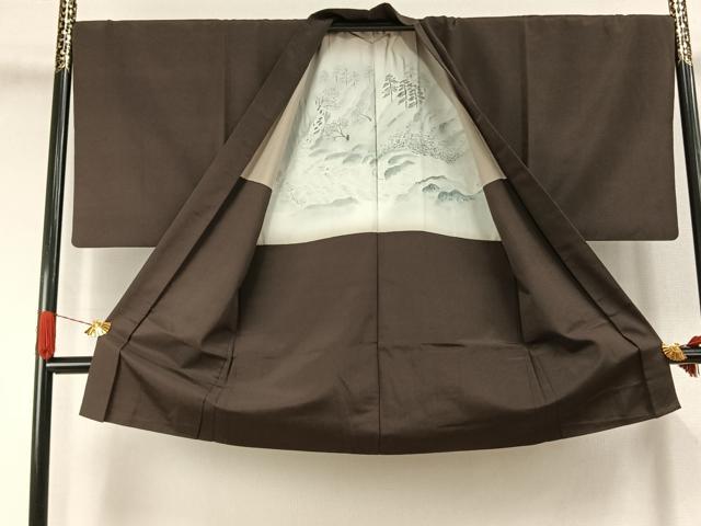 平和屋着物●男性 お召 アンサンブル 色無地 黒橡色 正絹 逸品 AABJ4528fy