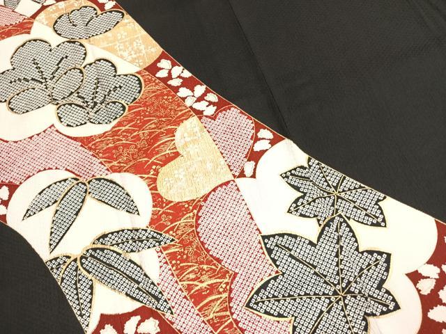 平和屋着物●豪華振袖 熨斗花文 黒地 金彩 正絹 逸品 AABJ4548fy