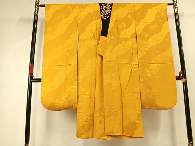 平和屋着物●振袖用長襦袢 無双仕立て 鈴 舞桜地紋 山吹色 半衿刺繍 正絹 逸品 AABJ4571fy