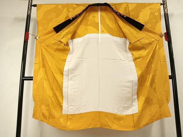 平和屋着物●振袖用長襦袢 無双仕立て 鈴 舞桜地紋 山吹色 半衿刺繍 正絹 逸品 AABJ4571fy