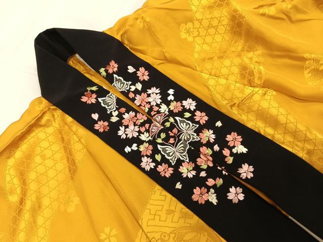 平和屋着物●振袖用長襦袢 無双仕立て 鈴 舞桜地紋 山吹色 半衿刺繍 正絹 逸品 AABJ4571fy