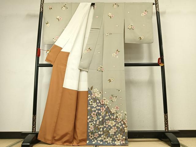 平和屋着物●ファッションデザイナー 花井幸子 訪問着 刺繍 枝桜文 金彩 正絹 逸品 AABJ4593fy