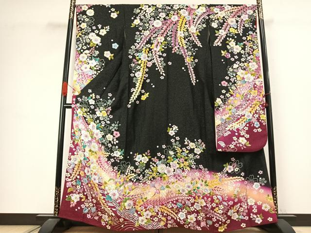 平和屋着物●豪華振袖 辻が花 絞り 暈し染め 黒地 銀通し地 鈴乃屋扱い 正絹 逸品 AABJ4594fy