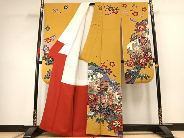 平和屋着物●豪華振袖 紅型 松竹梅 花鳥文 正絹 逸品 AABJ4600fy