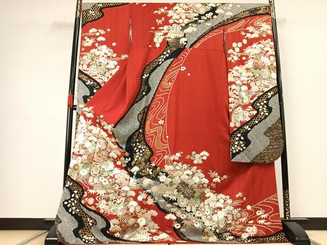 平和屋着物●豪華振袖 絞り 片輪車花文 金銀彩 ロング丈 正絹 逸品 AABJ4603fy