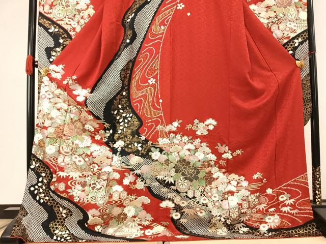 平和屋着物●豪華振袖 絞り 片輪車花文 金銀彩 ロング丈 正絹 逸品 AABJ4603fy