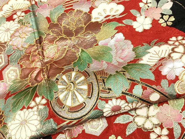 平和屋着物●豪華振袖 絞り 片輪車花文 金銀彩 ロング丈 正絹 逸品 AABJ4603fy