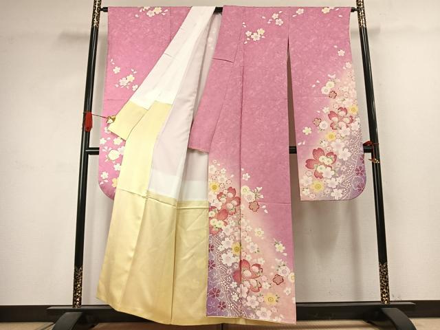 平和屋着物●豪華振袖 舞桜文 暈し染め 正絹 逸品 AABJ4608fy