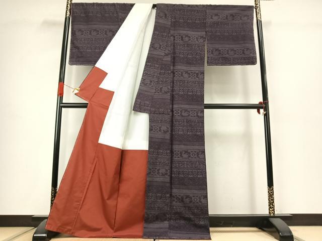 平和屋着物●結城紬 80亀甲 横段文 正絹 逸品 未使用 AABJ4634fy