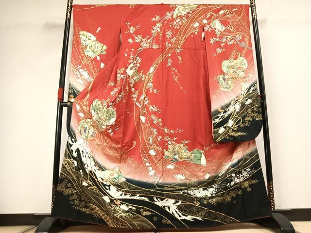 平和屋着物●豪華振袖 駒刺繍 鼓 扇面花鳥文 暈し染め 金銀彩 正絹 逸品 AABJ4651fy