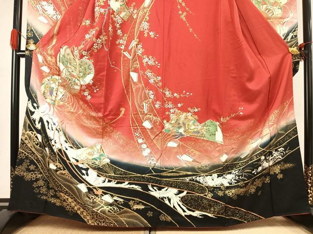 平和屋着物●豪華振袖 駒刺繍 鼓 扇面花鳥文 暈し染め 金銀彩 正絹 逸品 AABJ4651fy