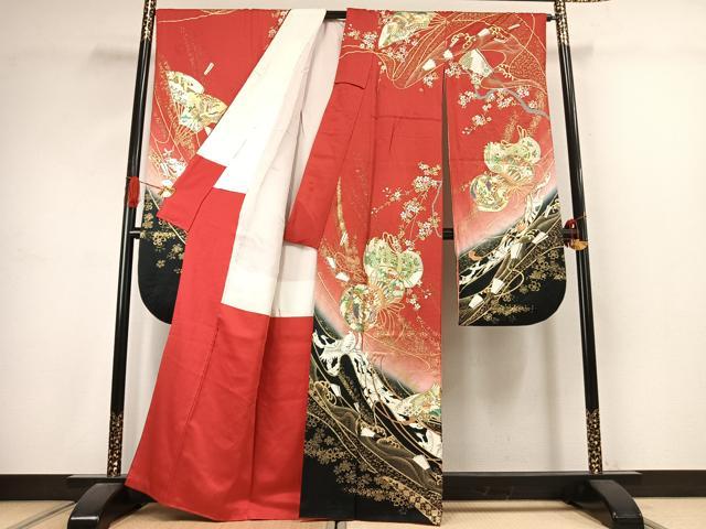 平和屋着物●豪華振袖 駒刺繍 鼓 扇面花鳥文 暈し染め 金銀彩 正絹 逸品 AABJ4651fy