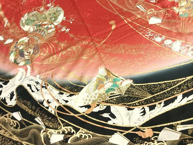 平和屋着物●豪華振袖 駒刺繍 鼓 扇面花鳥文 暈し染め 金銀彩 正絹 逸品 AABJ4651fy