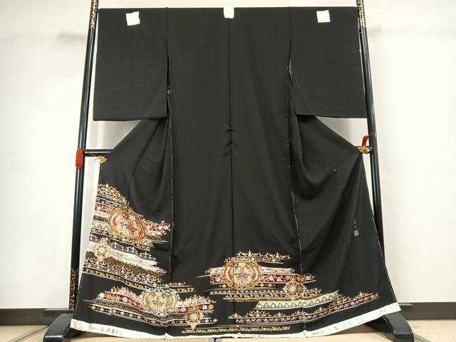 平和屋着物●小澤達二 黒留袖 狩猟洋花文 金糸 浜ちりめん 仮絵羽 正絹 逸品 未使用 AABJ4660fy