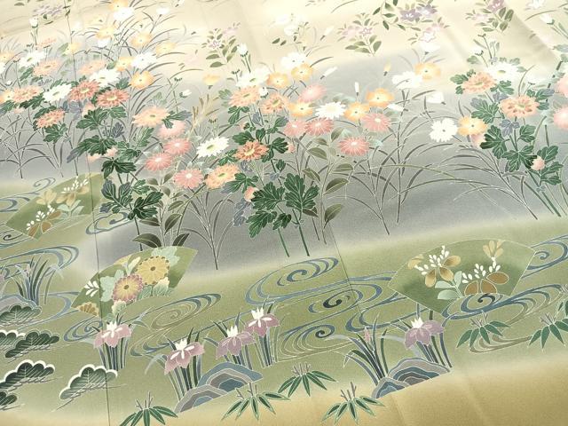 平和屋着物●十日町友禅作家 一梗 訪問着 地紙花文 暈し染め 正絹 逸品 未使用 AABJ4683fy
