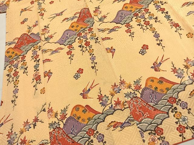 平和屋着物●訪問着 型染め 風景花鳥文 正絹 逸品 AABJ4694fy