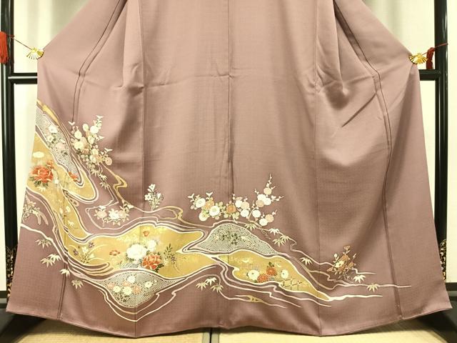 平和屋着物●豪華色留袖 刺繍 草花文 金糸 金彩 正絹 逸品 AABJ4714fy