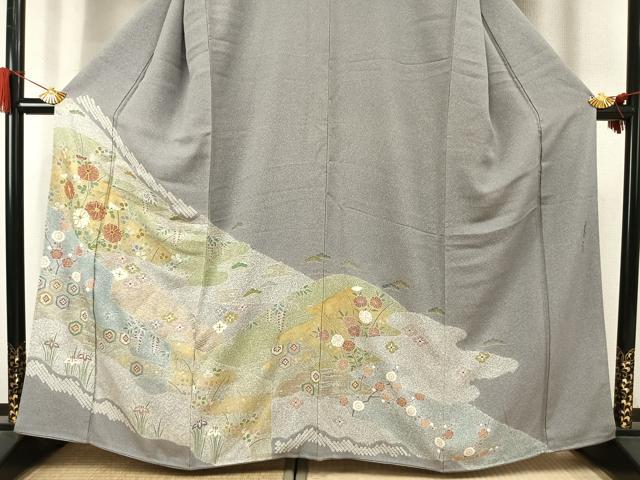 平和屋着物●京友禅の第一人者 松井青々 訪問着 駒刺繍 草花文 金銀彩 正絹 逸品 AABJ4730fy