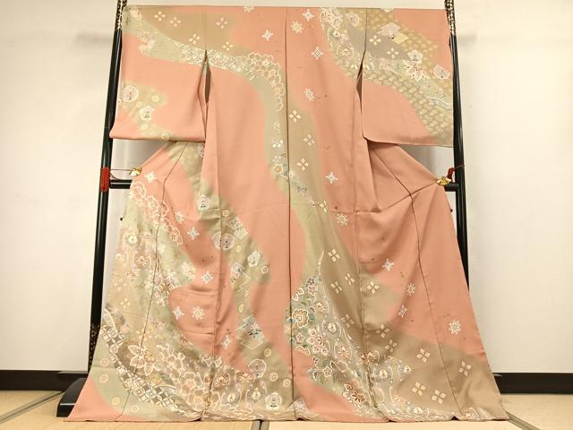 平和屋着物●訪問着 駒刺繍 草花文 金彩 丹後ちりめん 仮絵羽 正絹 逸品 未使用 AABJ4734fy