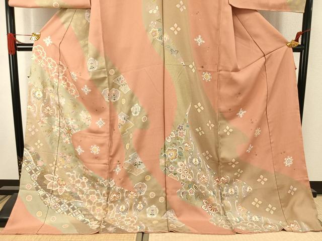 平和屋着物●訪問着 駒刺繍 草花文 金彩 丹後ちりめん 仮絵羽 正絹 逸品 未使用 AABJ4734fy