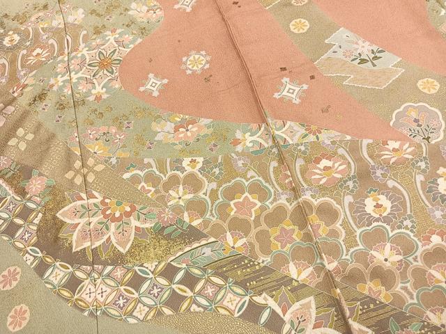 平和屋着物●訪問着 駒刺繍 草花文 金彩 丹後ちりめん 仮絵羽 正絹 逸品 未使用 AABJ4734fy