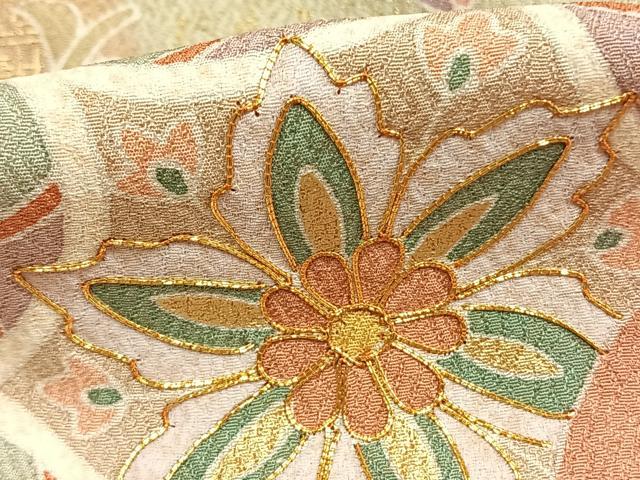 平和屋着物●訪問着 駒刺繍 草花文 金彩 丹後ちりめん 仮絵羽 正絹 逸品 未使用 AABJ4734fy