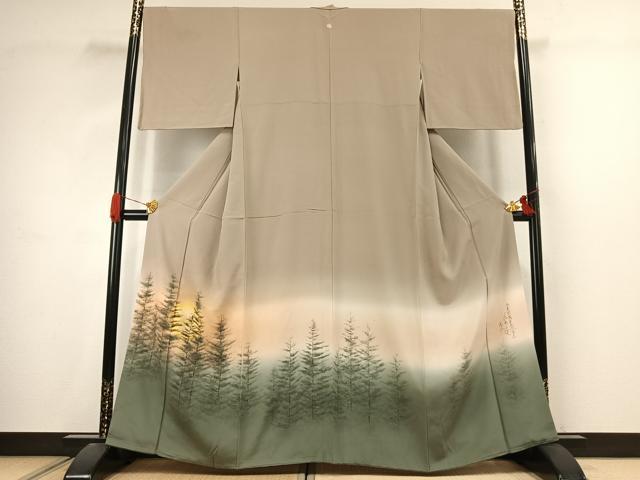 平和屋着物●日本画家 水嶋征夫 色留袖 手描き 樹林文 暈し染め 正絹 逸品 AABJ4745fy