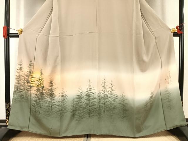 平和屋着物●日本画家 水嶋征夫 色留袖 手描き 樹林文 暈し染め 正絹 逸品 AABJ4745fy
