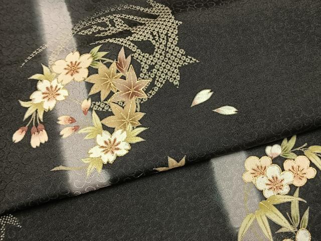 平和屋着物●十代目 歌舞伎役者 坂東三津五郎 訪問着 草花文 暈し染め 黒地 金彩 やまと誂製 正絹 逸品 AABJ4749fy