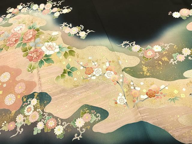 平和屋着物●京友禅の第一人者 松井青々 黒留袖 駒刺繍 道長花文 暈し染め 金銀彩 正絹 逸品 AABJ4750fy