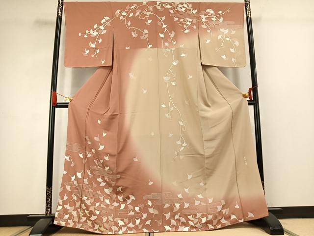 平和屋着物●訪問着 中国三大刺繍 汕頭刺繍 スワトウ刺繍 蘇州刺繍 総刺繍 銀杏 暈し染め 正絹 逸品 AABJ4783fy