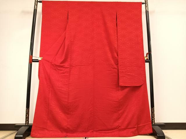 平和屋着物●豪華振袖 色無地 麻の葉地紋 紅緋色 正絹 逸品 AABJ4784fy