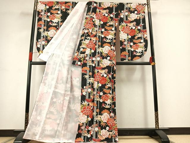 平和屋着物●小振袖 二尺袖 松竹梅 黒地 金彩 洗える着物 AABJ4787fy