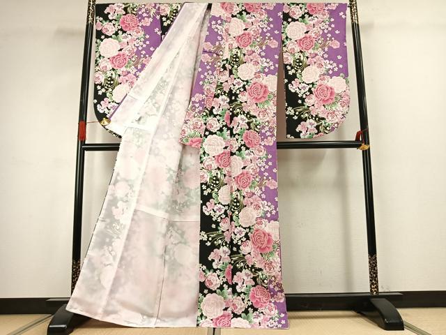 平和屋着物●小振袖 二尺袖 草花文 洗える着物 AABJ4790fy
