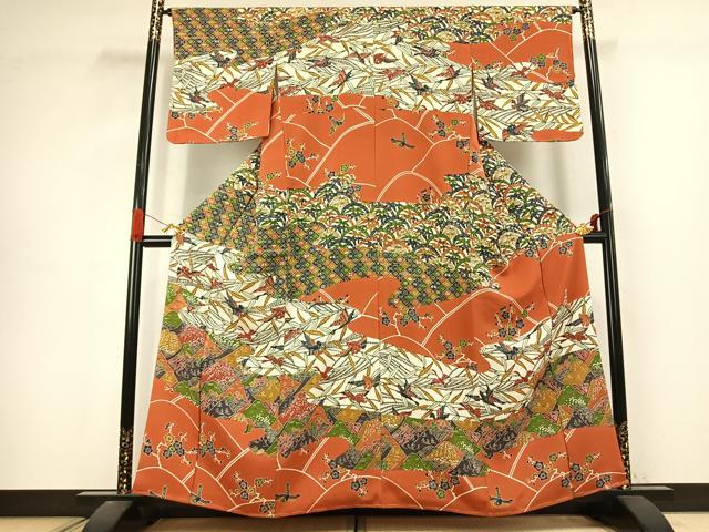 平和屋着物●江戸紅型 五味桂子 訪問着 風景花鳥文 鬼しぼ縮緬 正絹 逸品 未使用 AABJ4796fy