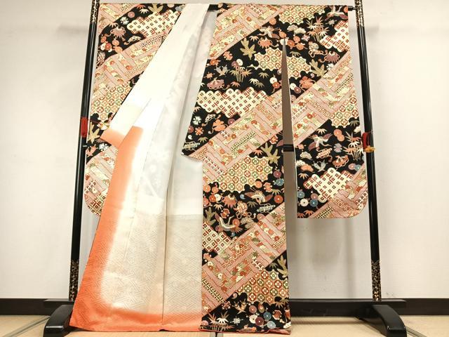 平和屋着物●豪華振袖 駒刺繍 花鳥文 黒地 金彩 正絹 逸品 AABJ4816fy