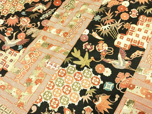 平和屋着物●豪華振袖 駒刺繍 花鳥文 黒地 金彩 正絹 逸品 AABJ4816fy