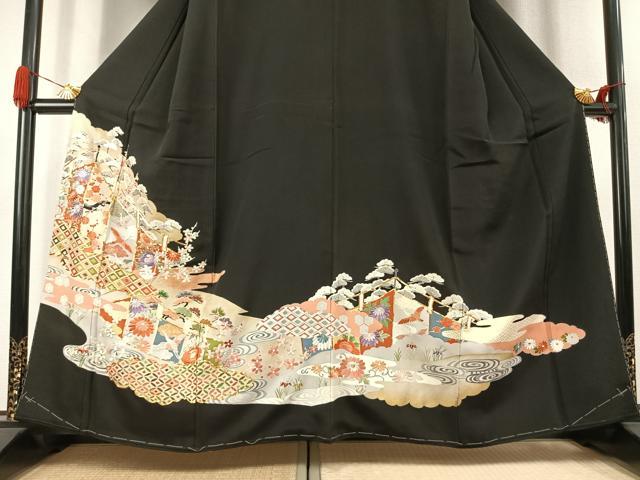 平和屋着物●豪華黒留袖 駒刺繍 花鳥文 金糸 金銀彩 正絹 逸品 AABJ4817fy