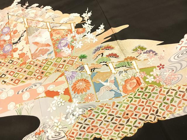 平和屋着物●豪華黒留袖 駒刺繍 花鳥文 金糸 金銀彩 正絹 逸品 AABJ4817fy