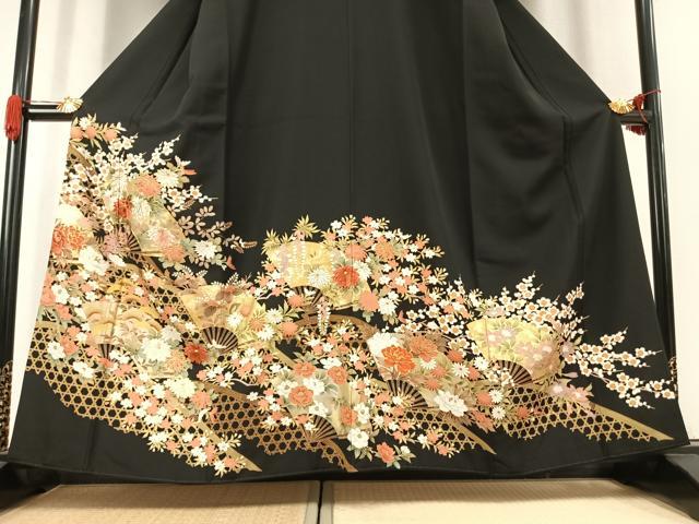 平和屋着物●豪華黒留袖 駒刺繍 扇面花文 金糸 金彩 正絹 逸品 未使用 AABJ4818fy