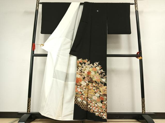 平和屋着物●豪華黒留袖 駒刺繍 扇面花文 金糸 金彩 正絹 逸品 未使用 AABJ4818fy