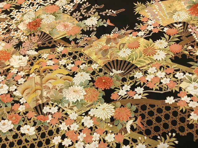 平和屋着物●豪華黒留袖 駒刺繍 扇面花文 金糸 金彩 正絹 逸品 未使用 AABJ4818fy