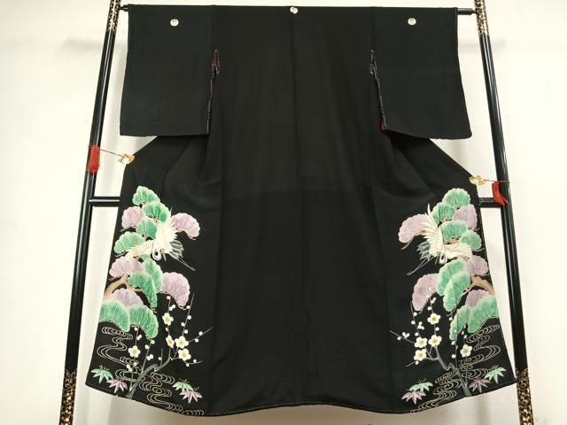 平和屋着物●アンティーク 大正ロマン 黒留袖 鶴 松竹梅 正絹 逸品 AABJ4822fy