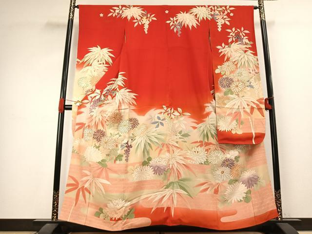 平和屋本店●アンティーク 大正ロマン 振袖 刺繍 草花文 暈し染め 金糸 正絹 逸品 AABJ4824fy