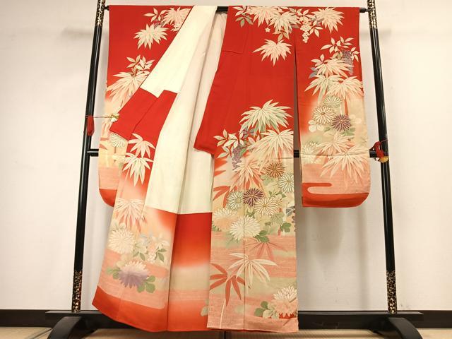 平和屋本店●アンティーク 大正ロマン 振袖 刺繍 草花文 暈し染め 金糸 正絹 逸品 AABJ4824fy
