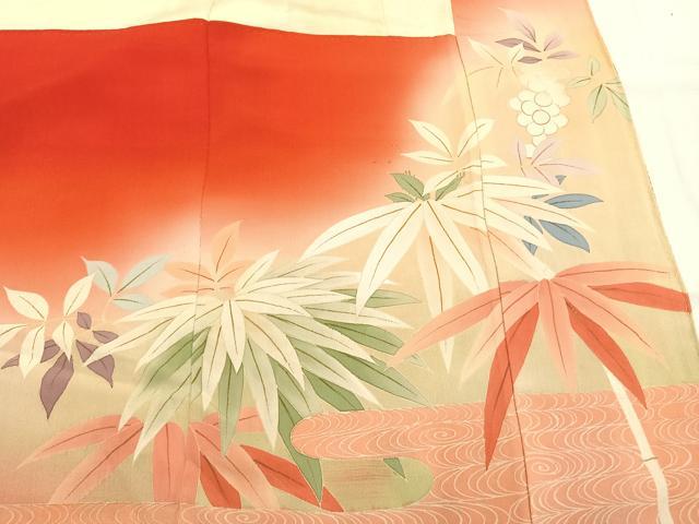 平和屋本店●アンティーク 大正ロマン 振袖 刺繍 草花文 暈し染め 金糸 正絹 逸品 AABJ4824fy