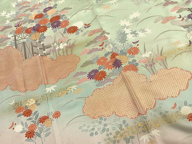 平和屋着物●訪問着 刺繍 雲取り花文 暈し染め 金彩 正絹 逸品 AABJ4833fy