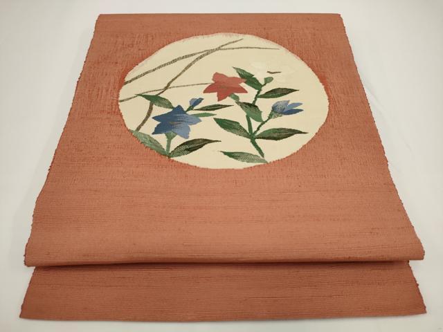 平和屋着物◎八寸名古屋帯 紬地 草花文 正絹 逸品 AABJ4861pf