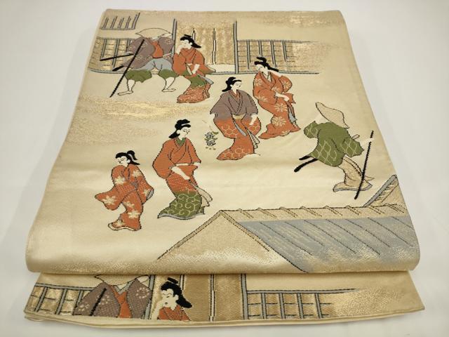 平和屋着物◎六通柄袋帯 唐織 人物風景文 金糸 正絹 逸品 AABJ4865pf